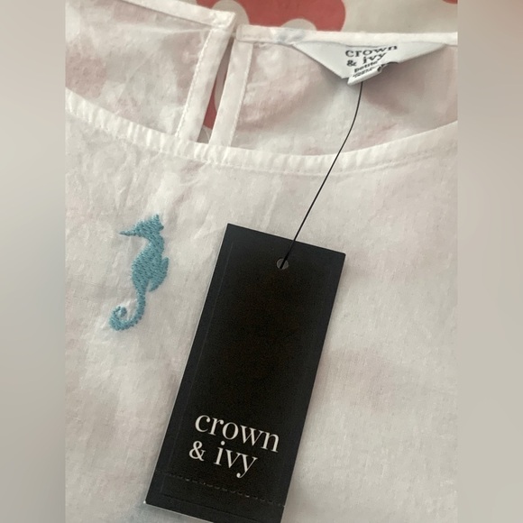 NWT Crown & Ivy Lightweight Blouse with Embroidered Seahorses Bell Sleeves PXL - Picture 6 of 12